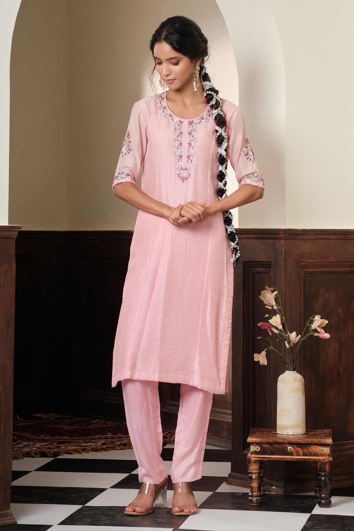 Buy Pink Chanderi Silk Kurta & Pants for women online available at Scrollnshops